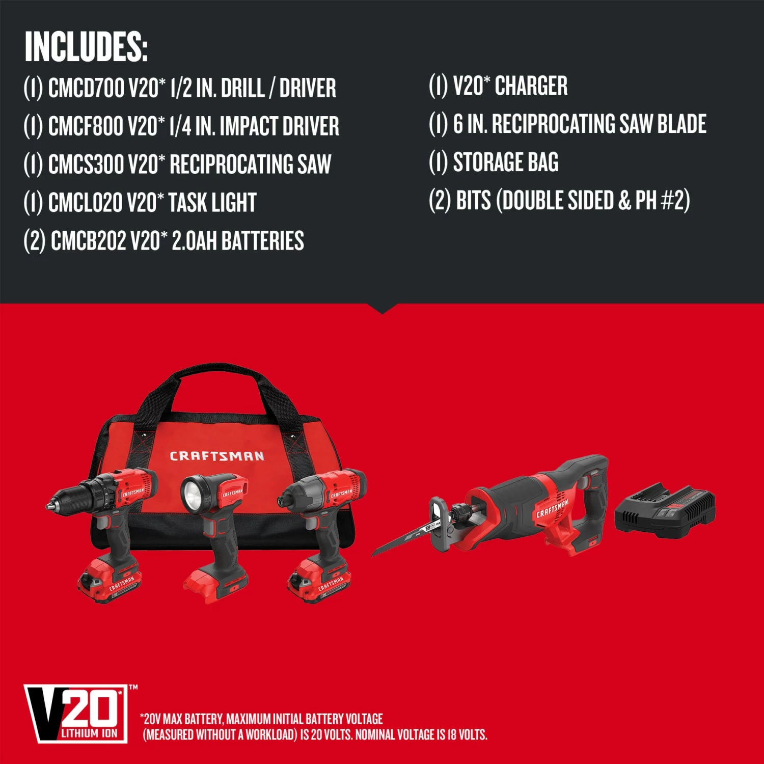 New π CRAFTSMAN Power Tool Combo Kits V20 4-Tool 20-Volt Max Power Tool Combo Kit with Soft Case (2-Batteries Included and Charger Included) β¨ 10 New π CRAFTSMAN Power Tool Combo Kits V20 4-Tool 20-Volt Max Power Tool Combo Kit with Soft Case (2-Batteries Included and Charger Included) β¨ - Image 10