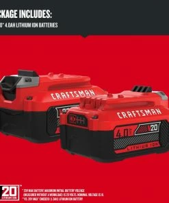 Discount π₯ CRAFTSMAN Power Tool Batteries & Chargers V20 20-Volt Max 2-Pack 4 Amp-Hour; 4 Amp-Hour Lithium Power Tool Battery π€© 11 Discount π₯ CRAFTSMAN Power Tool Batteries & Chargers V20 20-Volt Max 2-Pack 4 Amp-Hour; 4 Amp-Hour Lithium Power Tool Battery π€© -Craftsman Official Shop 10145267