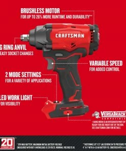 Promo 😀 CRAFTSMAN Impact Wrenches V20-Amp 20-volt Max Variable Speed Brushless 1/2-in Drive Cordless Impact Wrench (Tool Only) 🛒 -Craftsman Official Shop 13734148