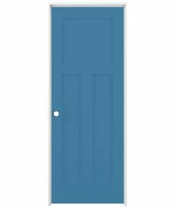 Outlet 🔥 ReliaBilt Prehung Interior Doors Shaker 32-in x 80-in Blue Heron 3-Panel Craftsman Solid Core Prefinished Pine MDF Right Hand Inswing Single Prehung Interior Door 🎉