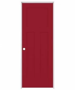 Best Pirce ❤️ ReliaBilt Prehung Interior Doors Shaker 36-in x 80-in Barn Red 3-Panel Craftsman Solid Core Prefinished Pine MDF Left Hand Inswing Single Prehung Interior Door ✨
