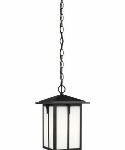 Cheapest 🔔 Sea Gull Lighting Pendant Lighting Tomek Black Craftsman Etched Glass Lantern Outdoor Pendant Light 💯