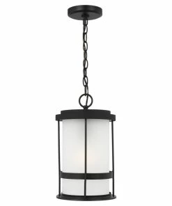 Budget 🌟 Sea Gull Lighting Pendant Lighting Wilburn Black Craftsman Etched Glass Cylinder Outdoor Pendant Light ✔️
